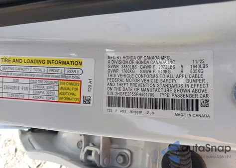 2023 Honda Civic Sport из США, поврежденный, VIN 2HGFE2F55PH501709